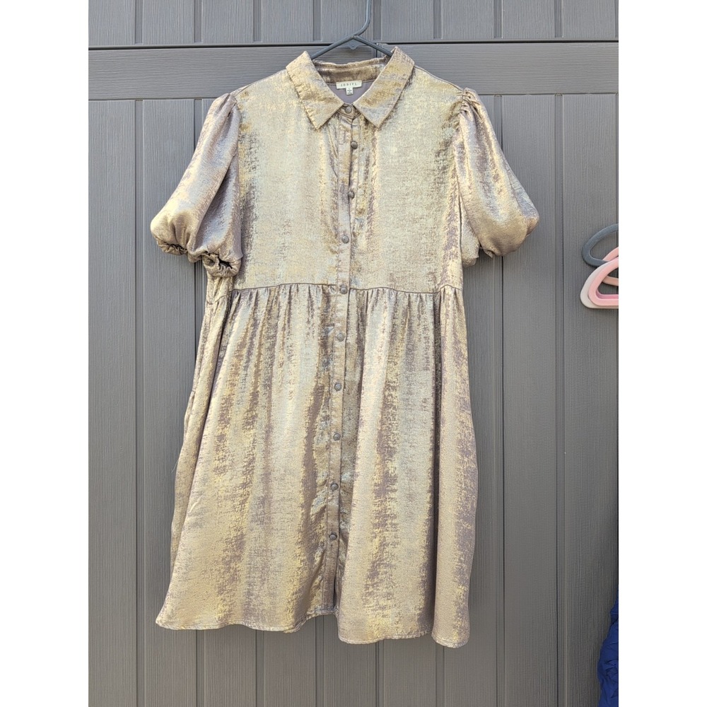 Jodifl Metallic Gold Balloon Sleeve Babydoll Dress Size Large